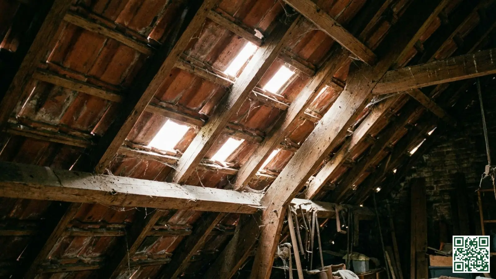 Binnenaanzicht van een dak zonder onderdak met zichtbare dakpannen direct op de panlatten en lichtstrepen door de naden