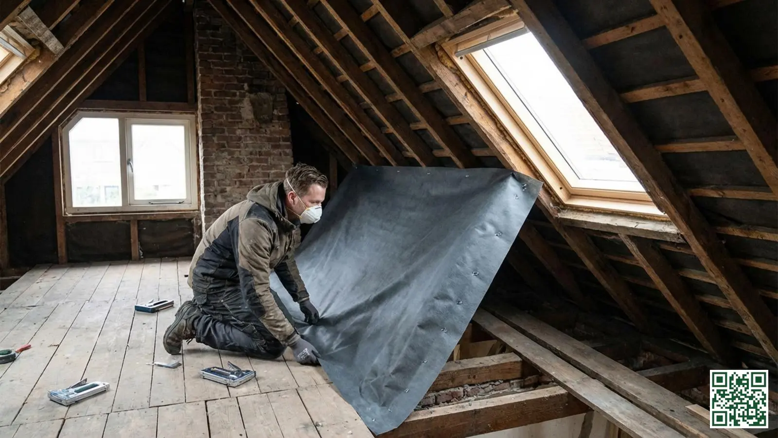 Vakman brengt dampopen onderdakfolie aan tussen de dakspanten tijdens een zolderrenovatie