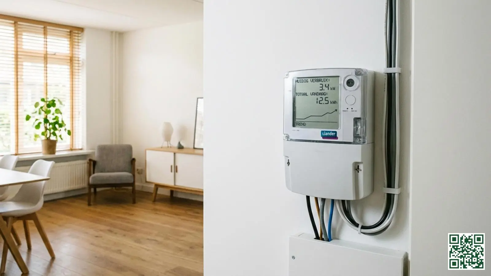 Slimme energiemeter aan de muur toont energieverbruik voor het berekenen van besparing door dakisolatie