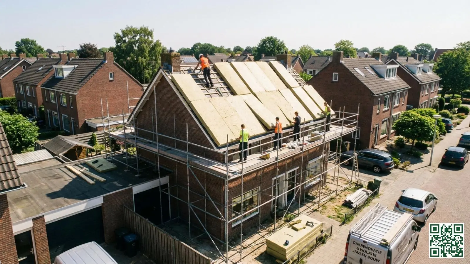 Vrijstaande Nederlandse woning waar dakisolatie wordt aangebracht door vakmensen met zichtbare isolatieplaten