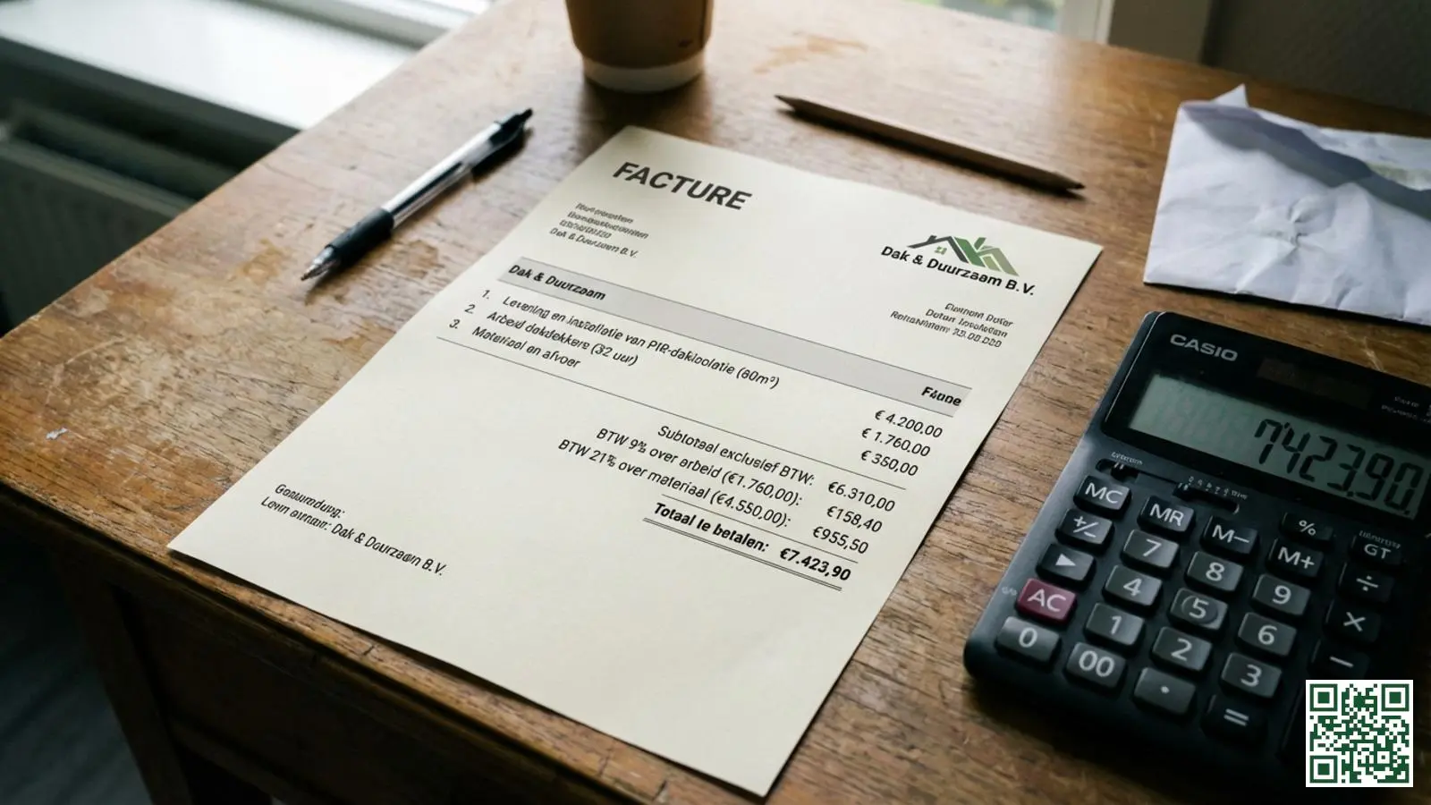 Factuur voor dakisolatie werkzaamheden met BTW-berekening op een bureau naast een rekenmachine