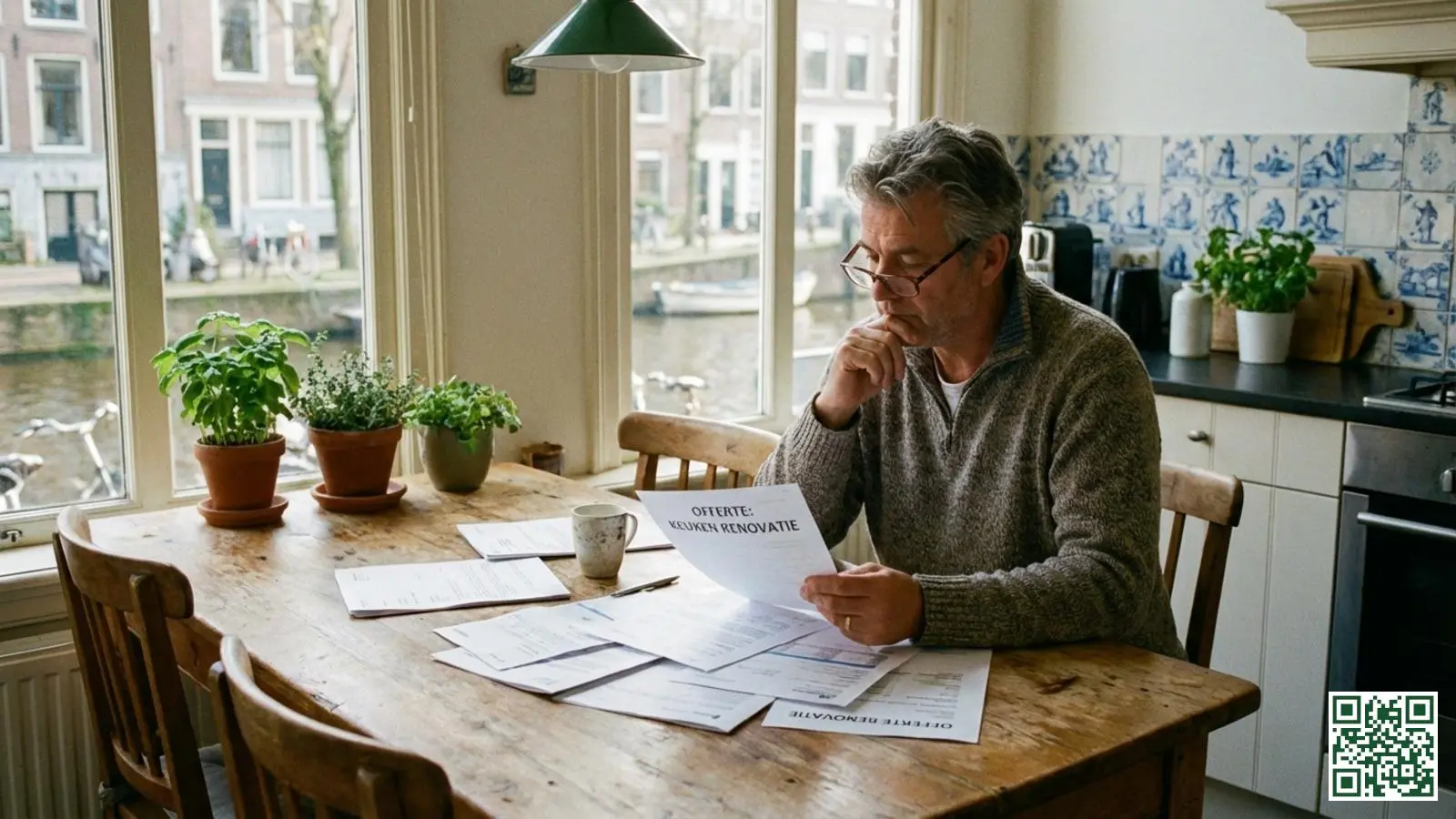 Nederlandse huiseigenaar bekijkt aandachtig een offerte voor dakisolatie aan de keukentafel