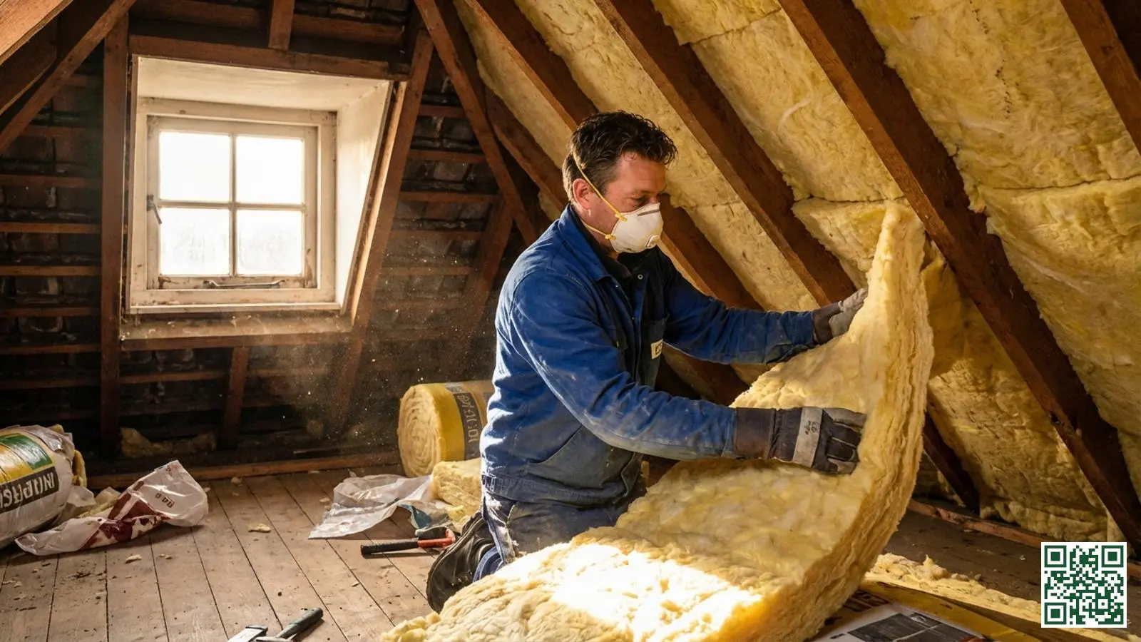 Professionele isolatiemonteur plaatst minerale wol tussen dakbalken op een Nederlandse zolder