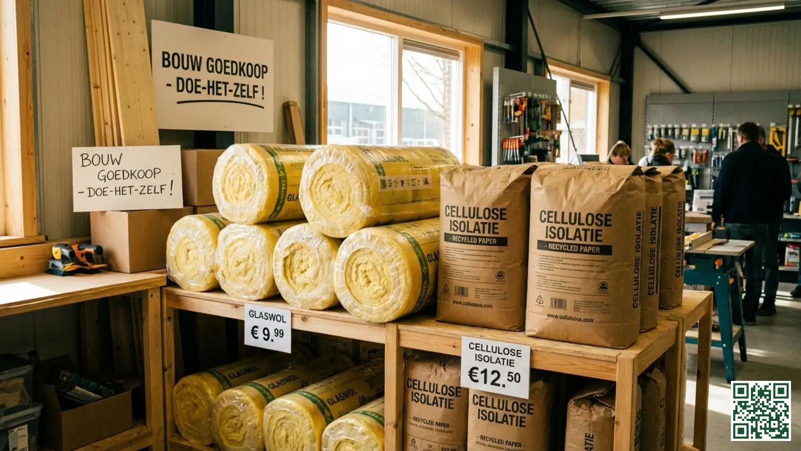 Betaalbare dakisolatiematerialen zoals glaswol rollen en cellulose zakken in een bouwmarkt