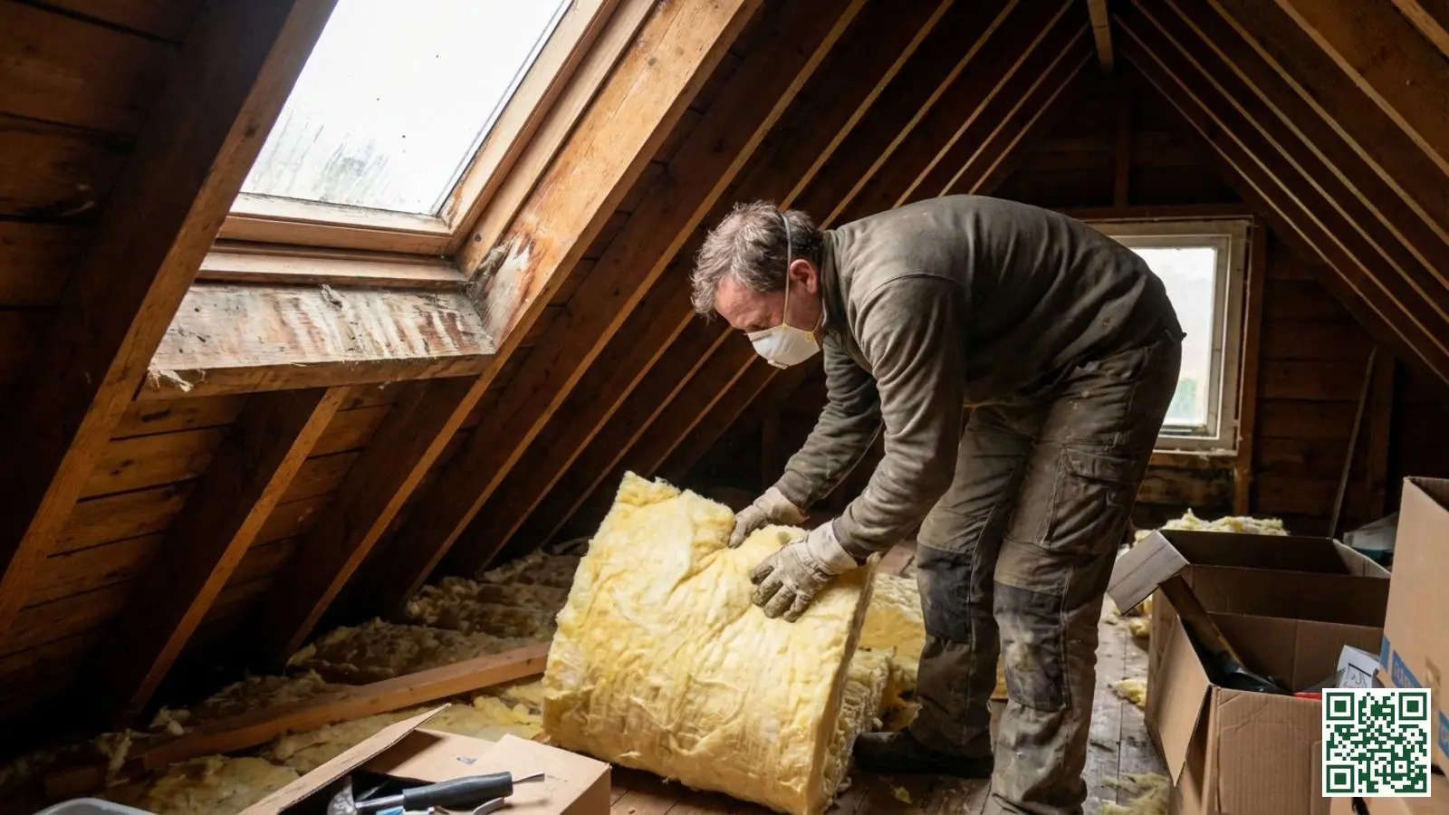 Huiseigenaar plaatst zelf glaswol isolatiematten tussen de dakbalken op een zolder