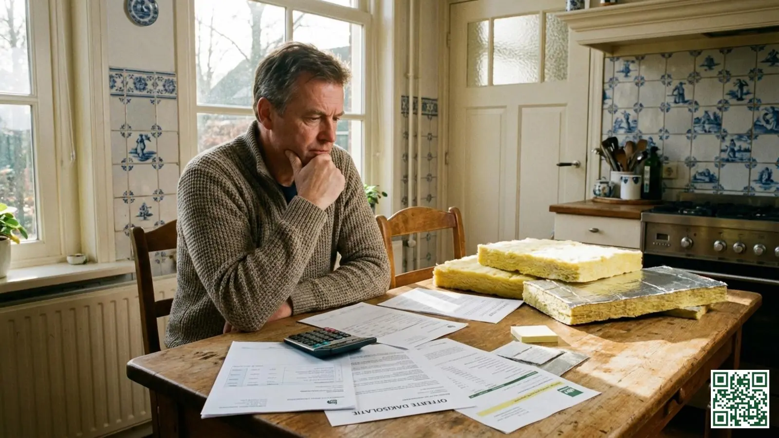 Nederlandse huiseigenaar bekijkt offertes en isolatiemonsters om de kosten van dakisolatie te vergelijken