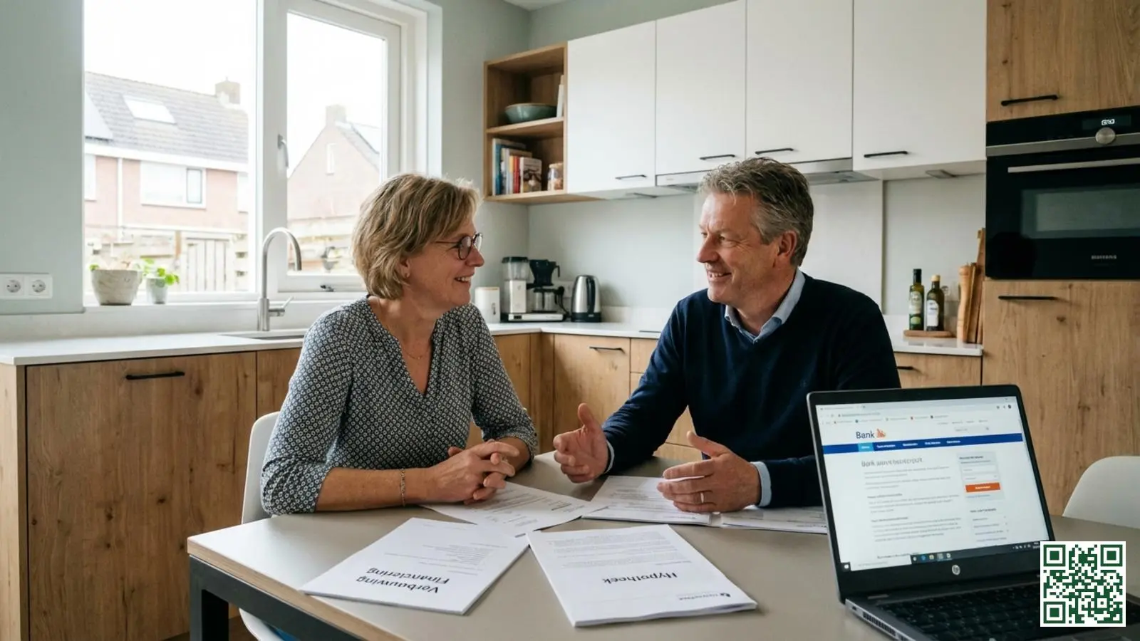 Nederlands echtpaar bespreekt financieringsopties voor dakisolatie aan de keukentafel met documenten