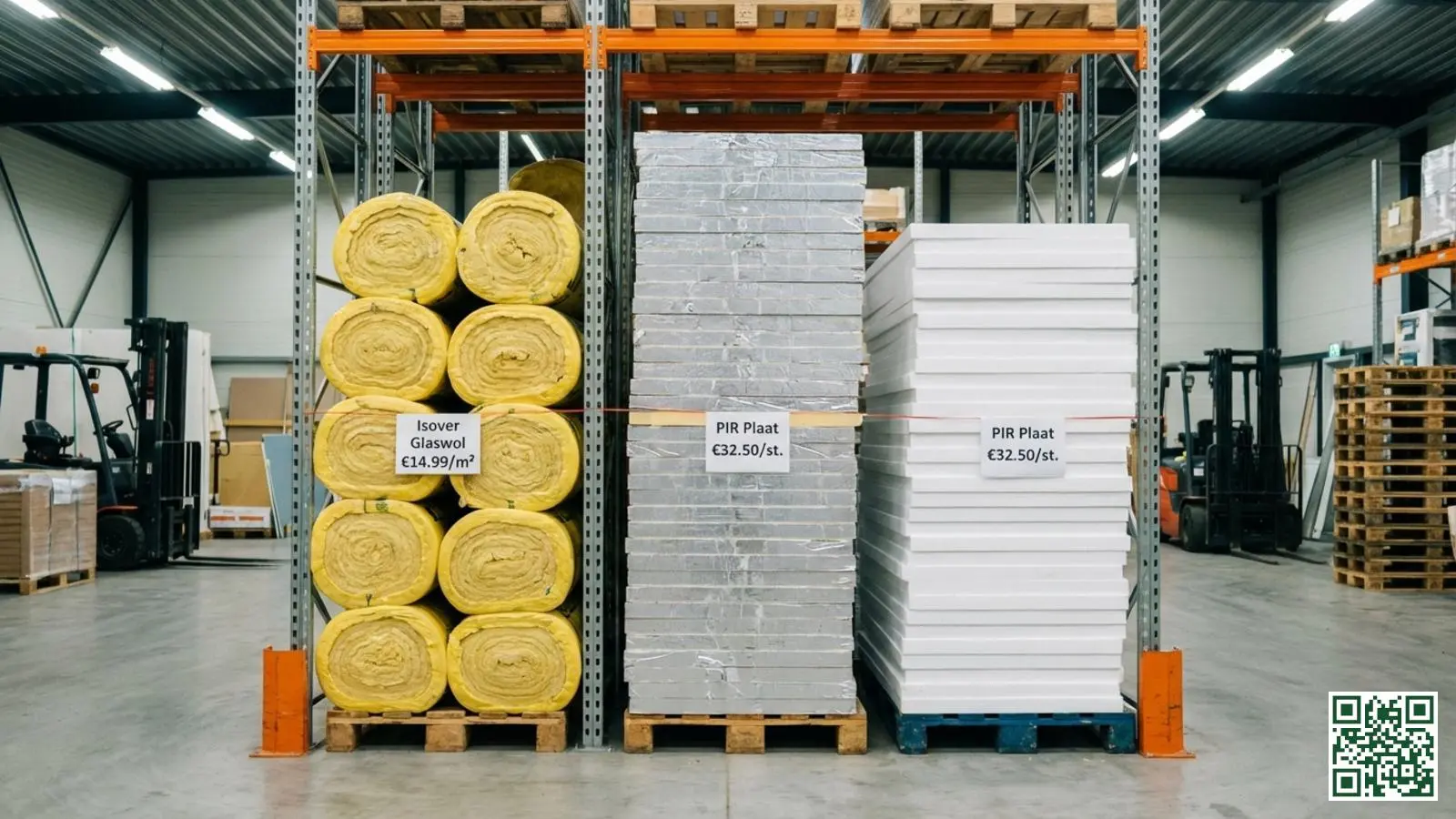 Verschillende dakisolatiematerialen naast elkaar met prijsindicaties in een Nederlandse bouwmarkt