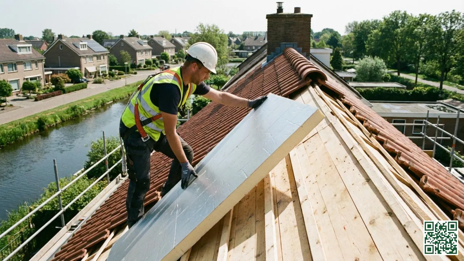 Vakman installeert PIR-isolatieplaten op het dakbeschot van een Nederlandse woning bij buitenisolatie