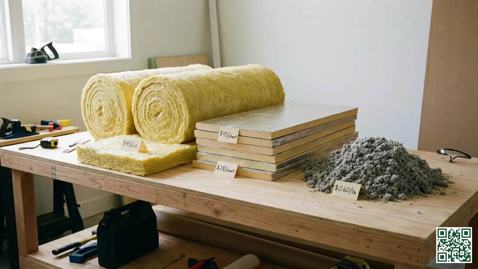 Verschillende dakisolatiematerialen zoals minerale wol en PIR-platen met prijskaartjes op een werktafel