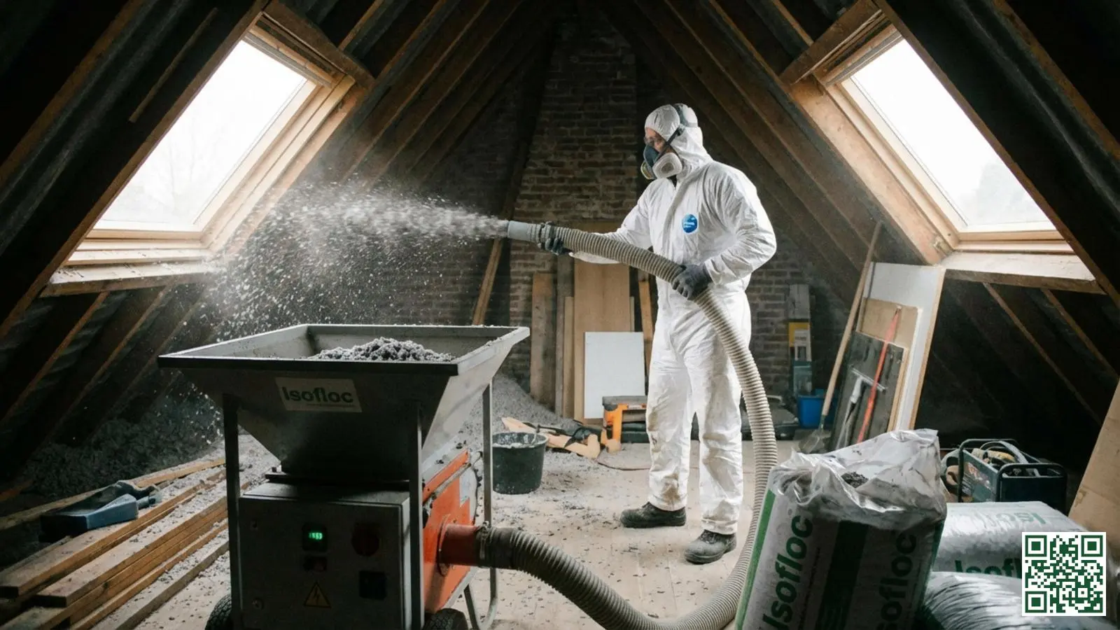 Professionele installateur blaast cellulose-isolatie in tussen dakbalken met speciale machine