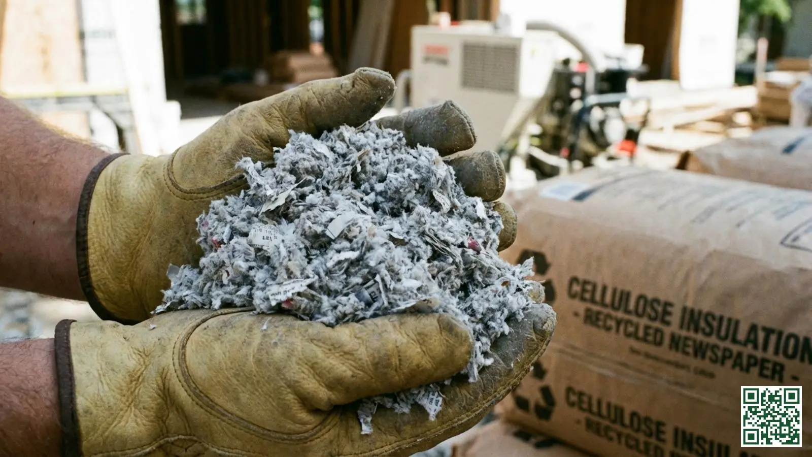 Close-up van grijze cellulose isolatievlokken gemaakt van gerecycled krantenpapier