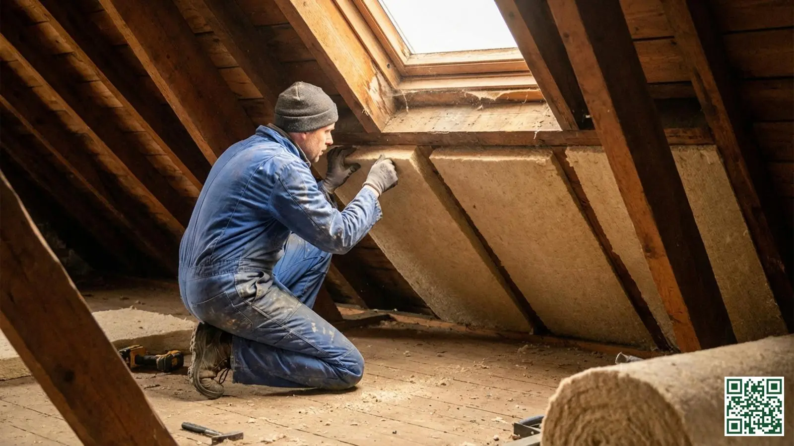 Vakman plaatst ecologische isolatie tussen dakbalken in een Nederlandse zolderruimte met daglicht door dakraam