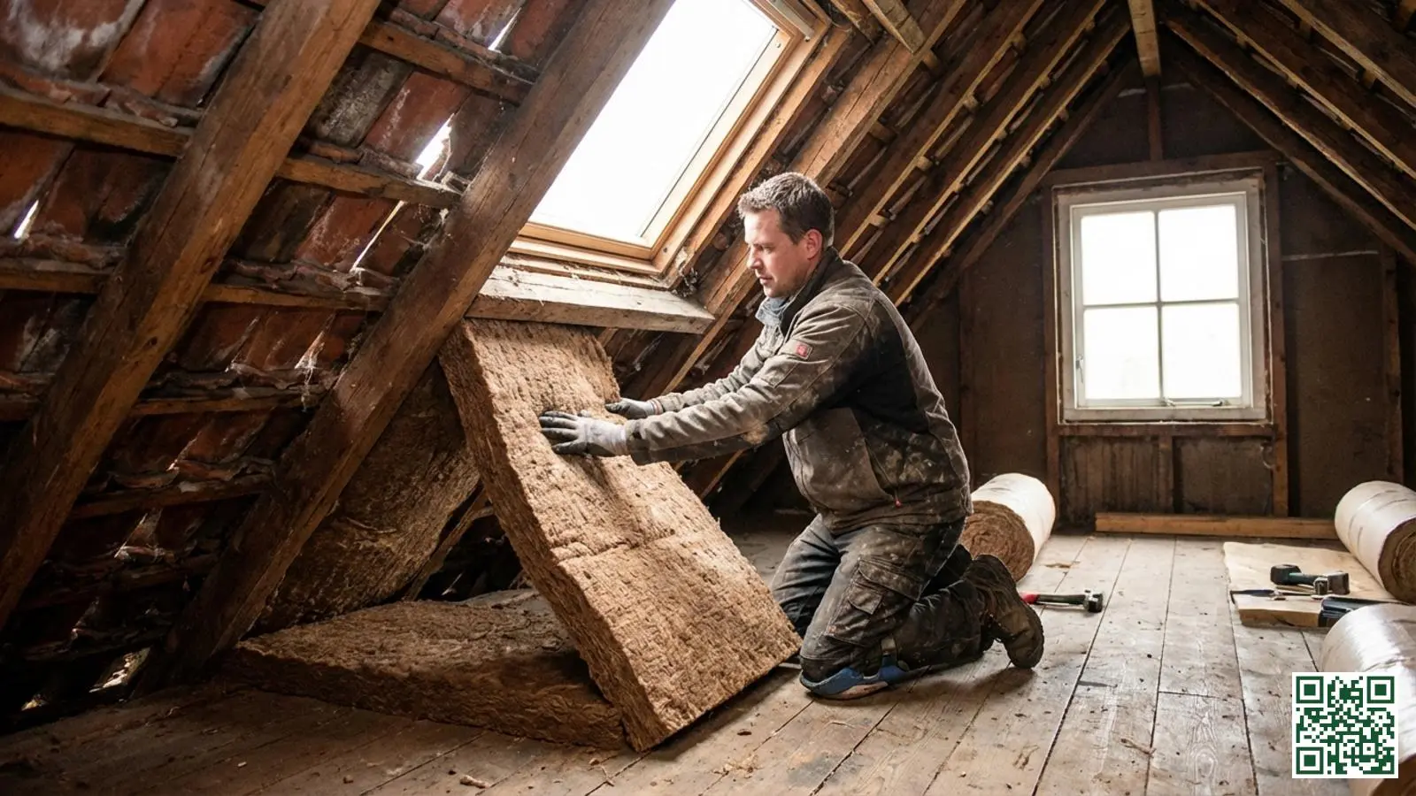 Vakman plaatst flexibele houtvezel isolatiematten tussen houten dakbalken in een Nederlandse zolderruimte