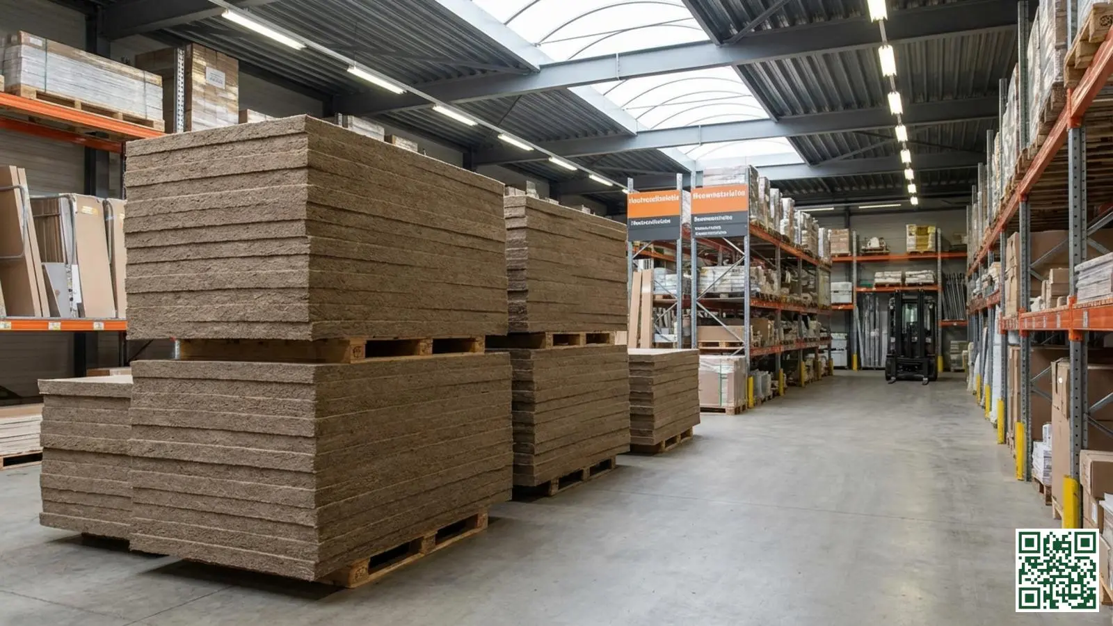 Gestapelde houtvezel isolatieplaten in een bouwmaterialen magazijn met zichtbare vezelstructuur