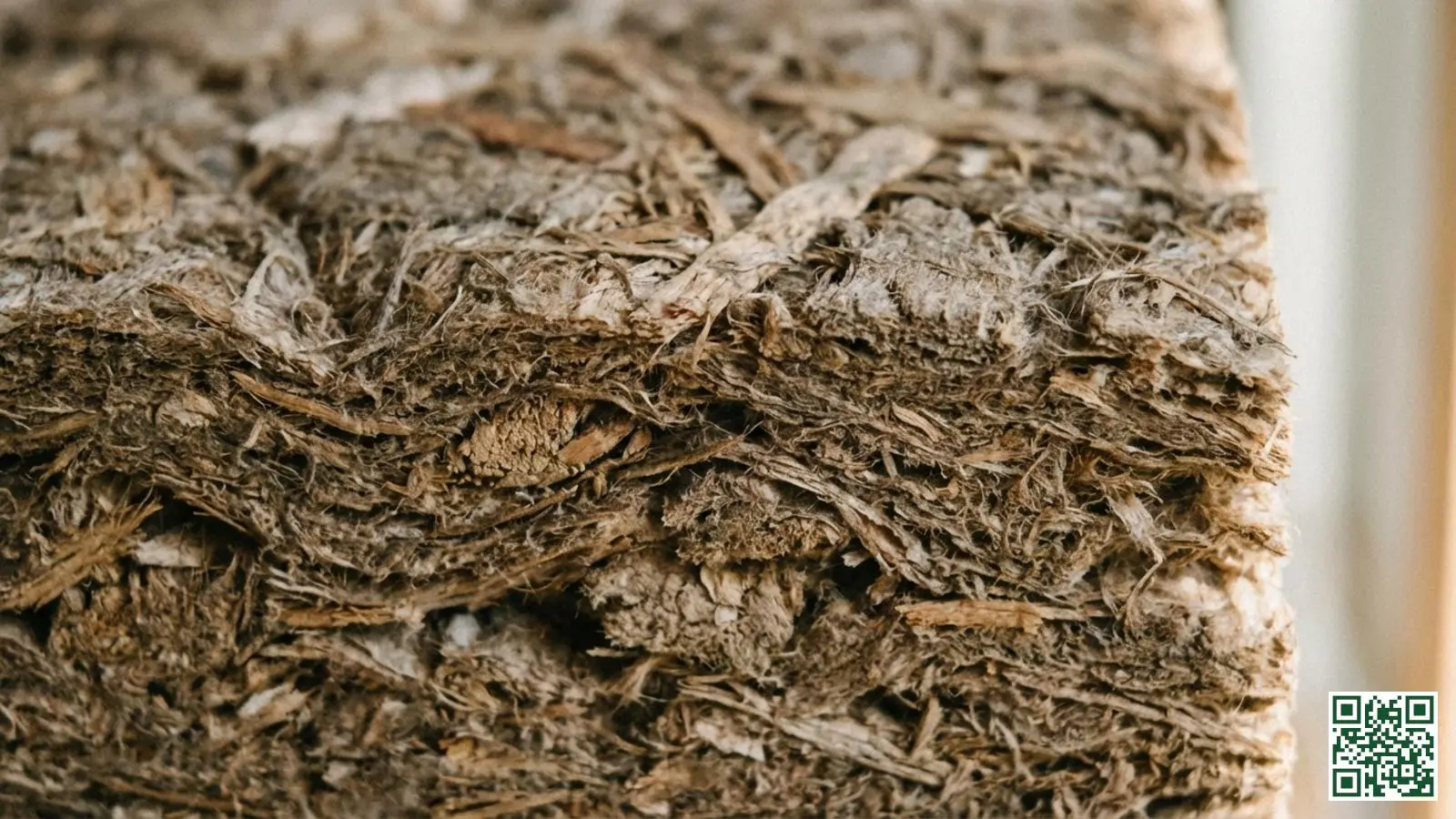 Close-up van natuurlijk houtvezel isolatiemateriaal met zichtbare houtvezels en organische structuur