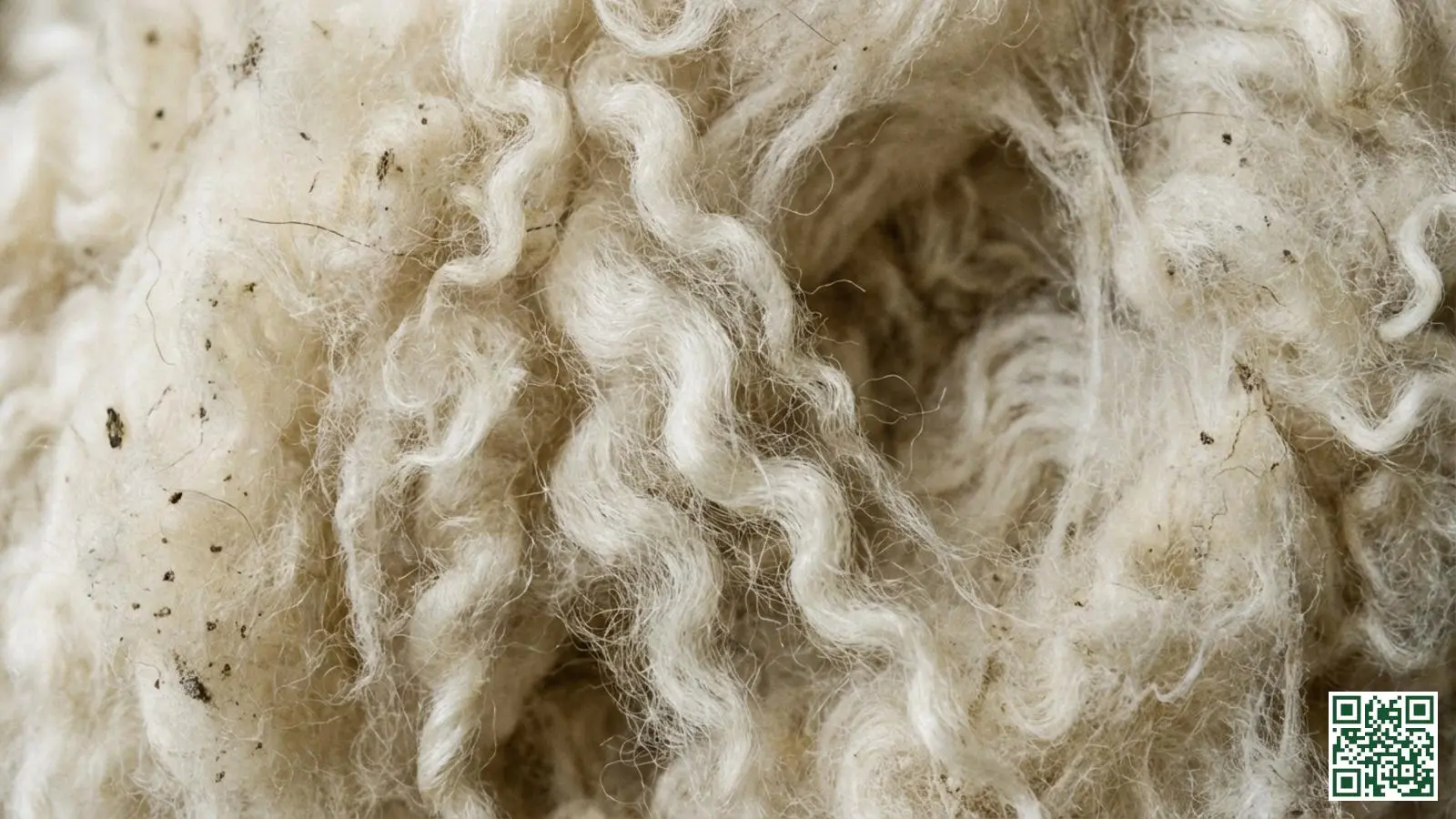 Close-up van schapenwol isolatie vezelstructuur met zichtbare gekrulde vezels en luchtholtes