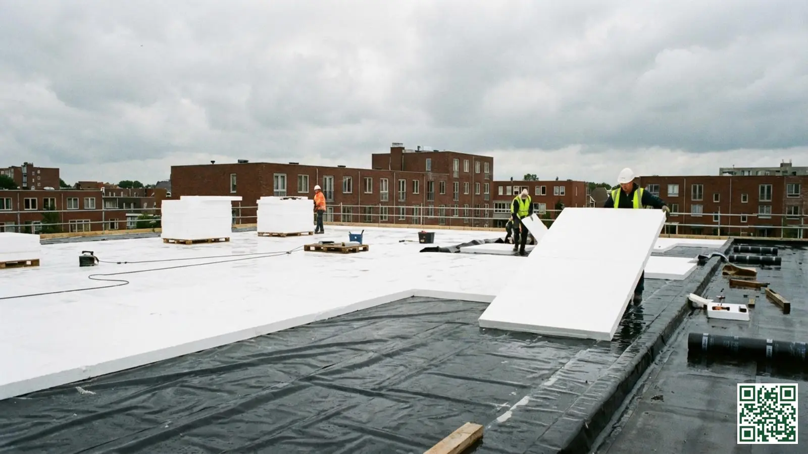 Witte EPS isolatieplaten worden aangebracht op een plat dak tijdens professionele dakisolatie werkzaamheden