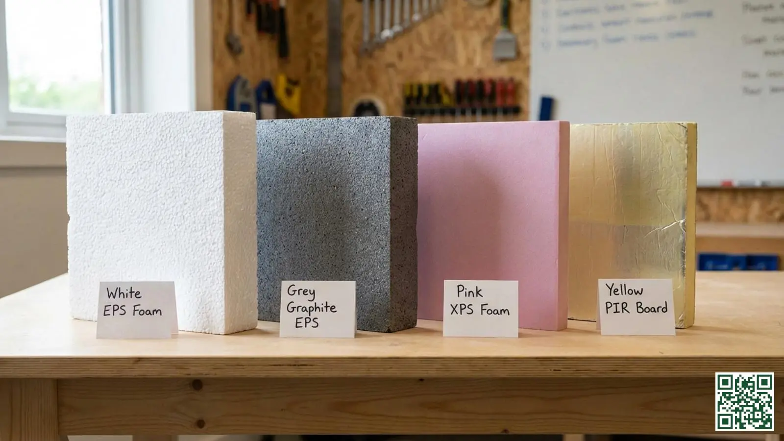 Verschillende isolatiematerialen naast elkaar voor vergelijking waaronder witte EPS grijze grafiet-EPS roze XPS en gele PIR platen