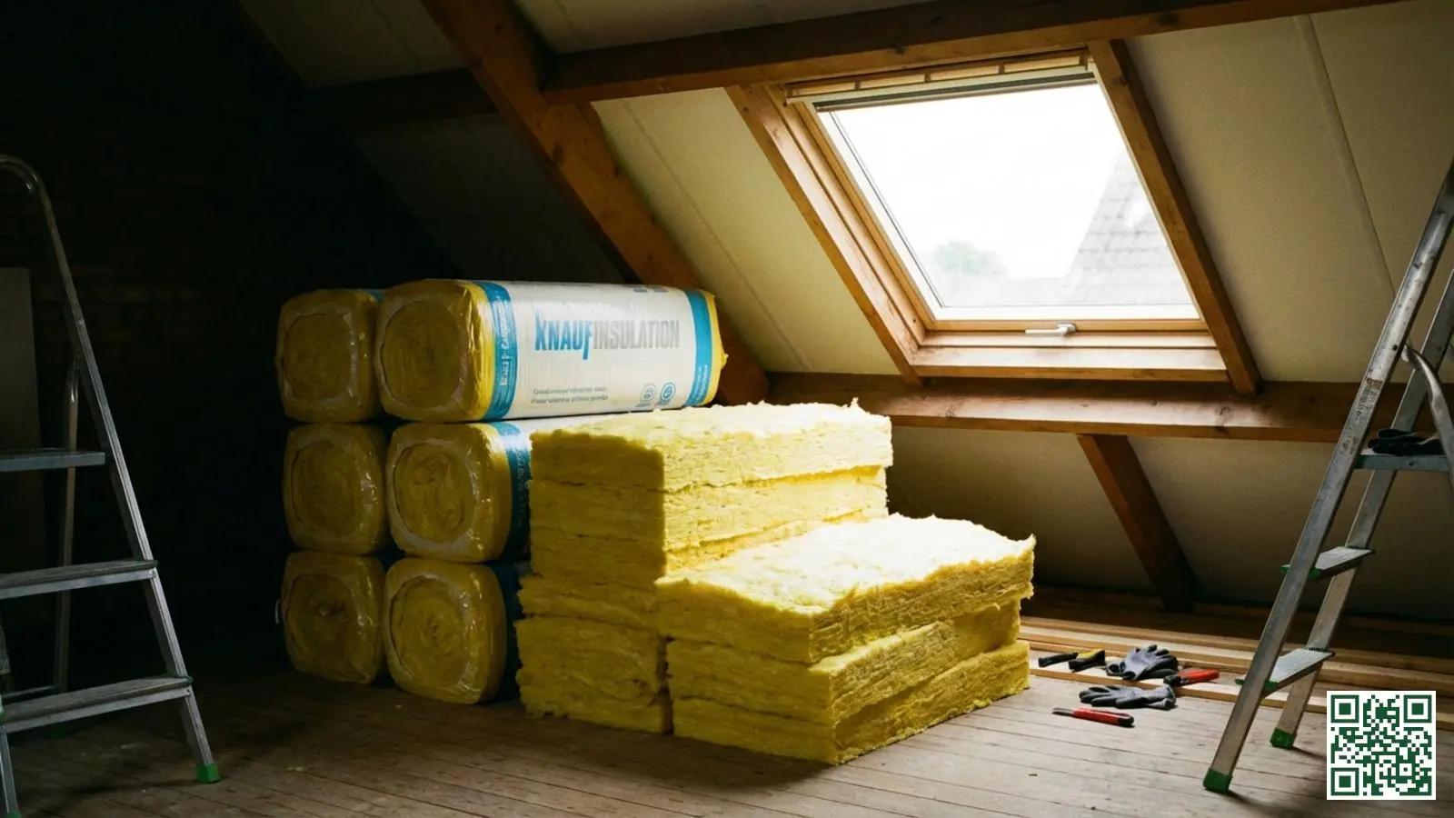 Gele glaswol isolatierollen opgestapeld op een houten zoldervloer klaar voor installatie tussen de dakbalken