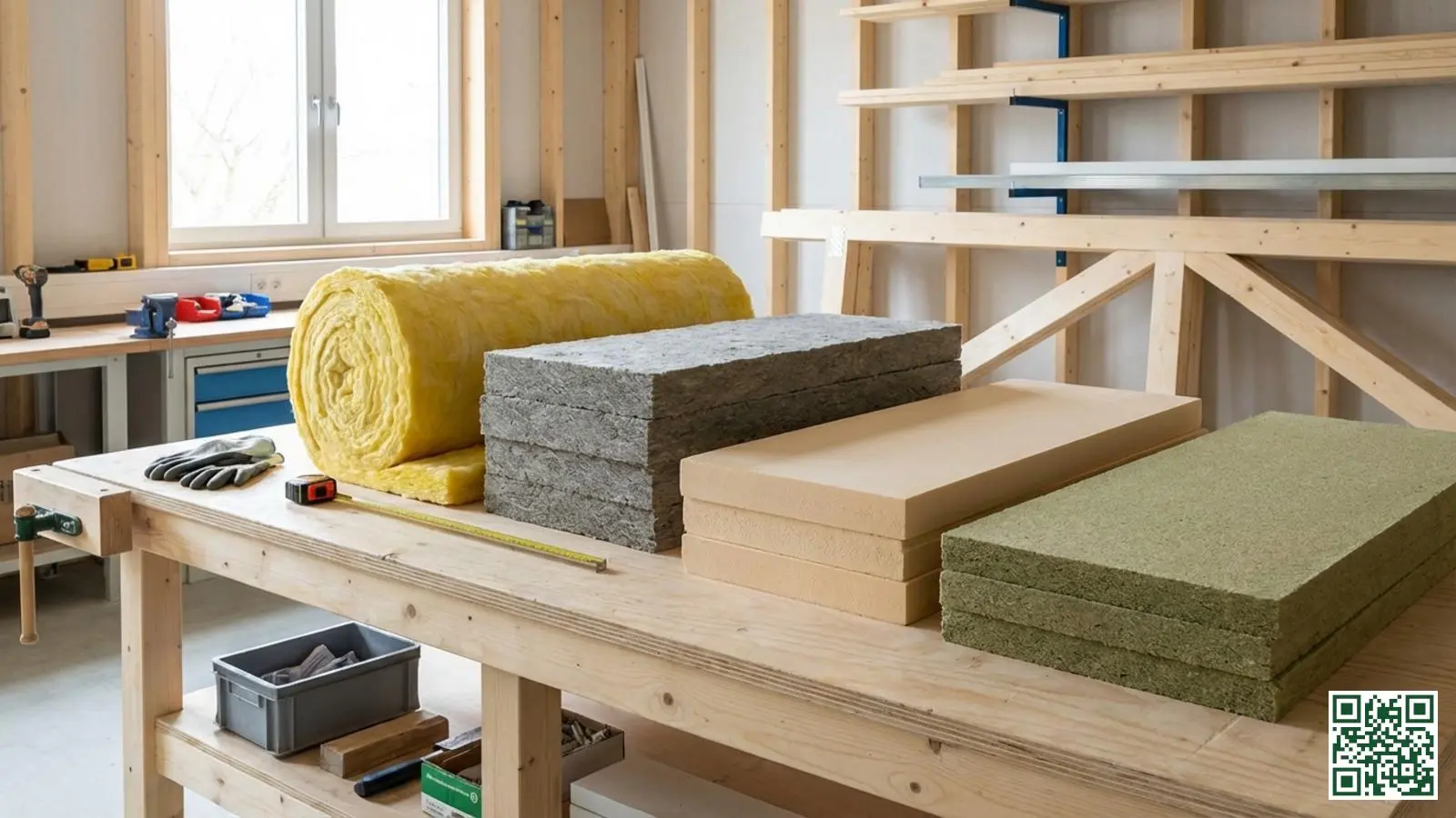 Verschillende dakisolatiematerialen naast elkaar: glaswol rollen, steenwol platen, PIR isolatieplaten en houtvezelplaten