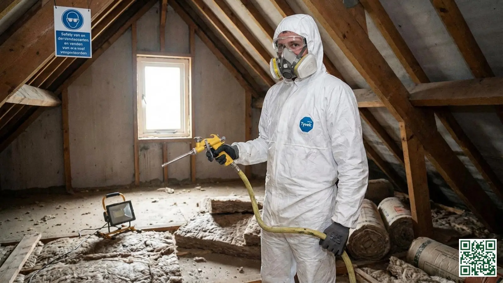 Professionele PUR schuim installateur in volledige beschermende uitrusting met spuitapparatuur in een Nederlandse zolderruimte