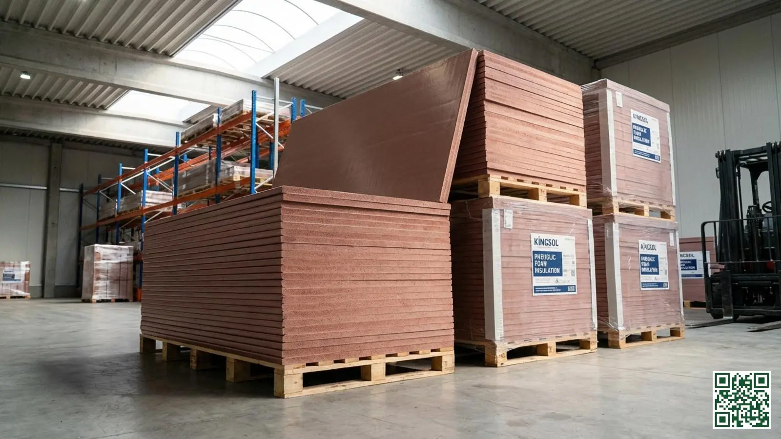 Gestapelde resolschuim isolatieplaten in een bouwmaterialenmagazijn met kenmerkende roodbruine kleur