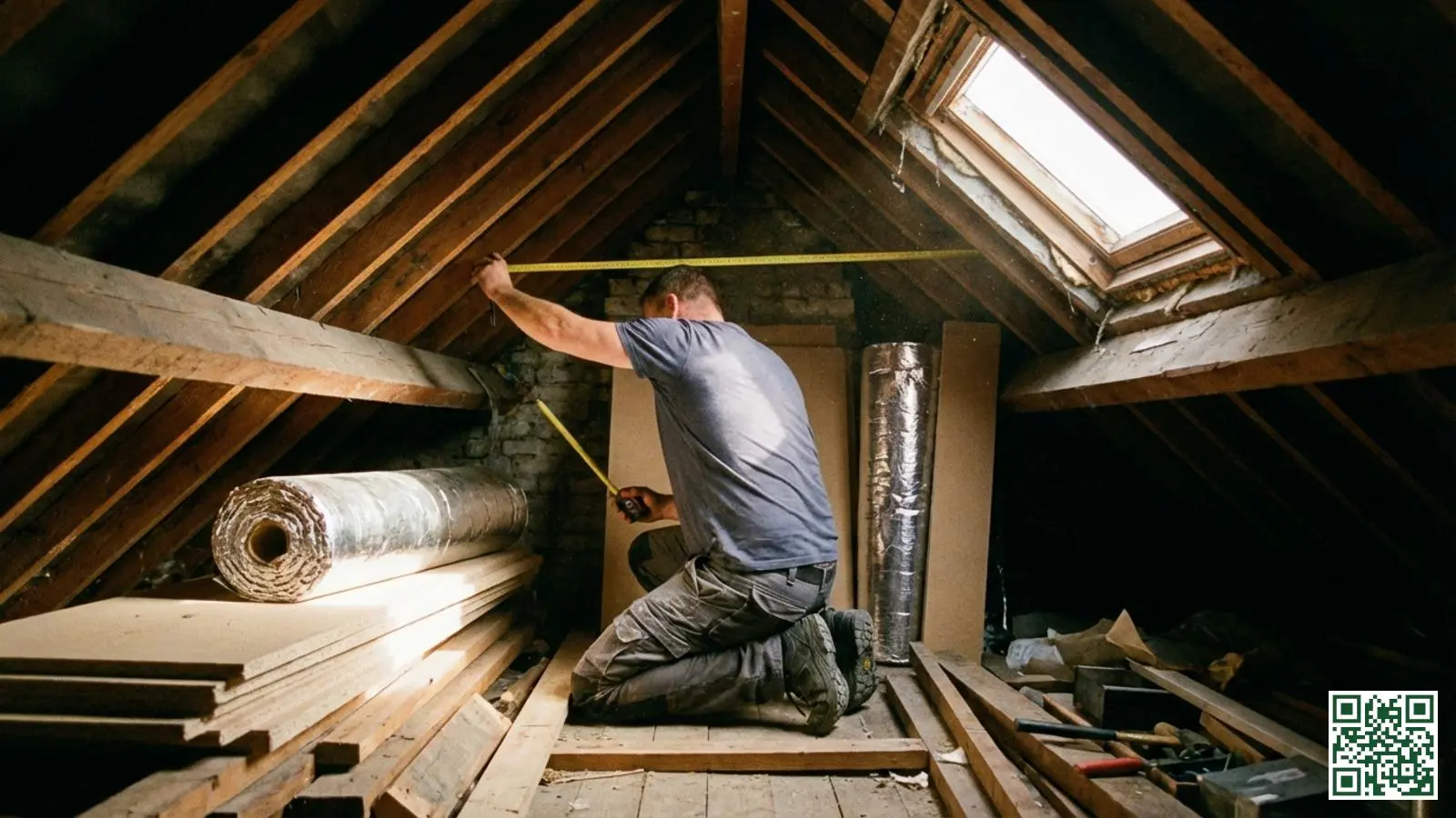 Vakman meet de beperkte ruimte tussen dakbalken tijdens een zolderrenovatie in een Nederlandse woning
