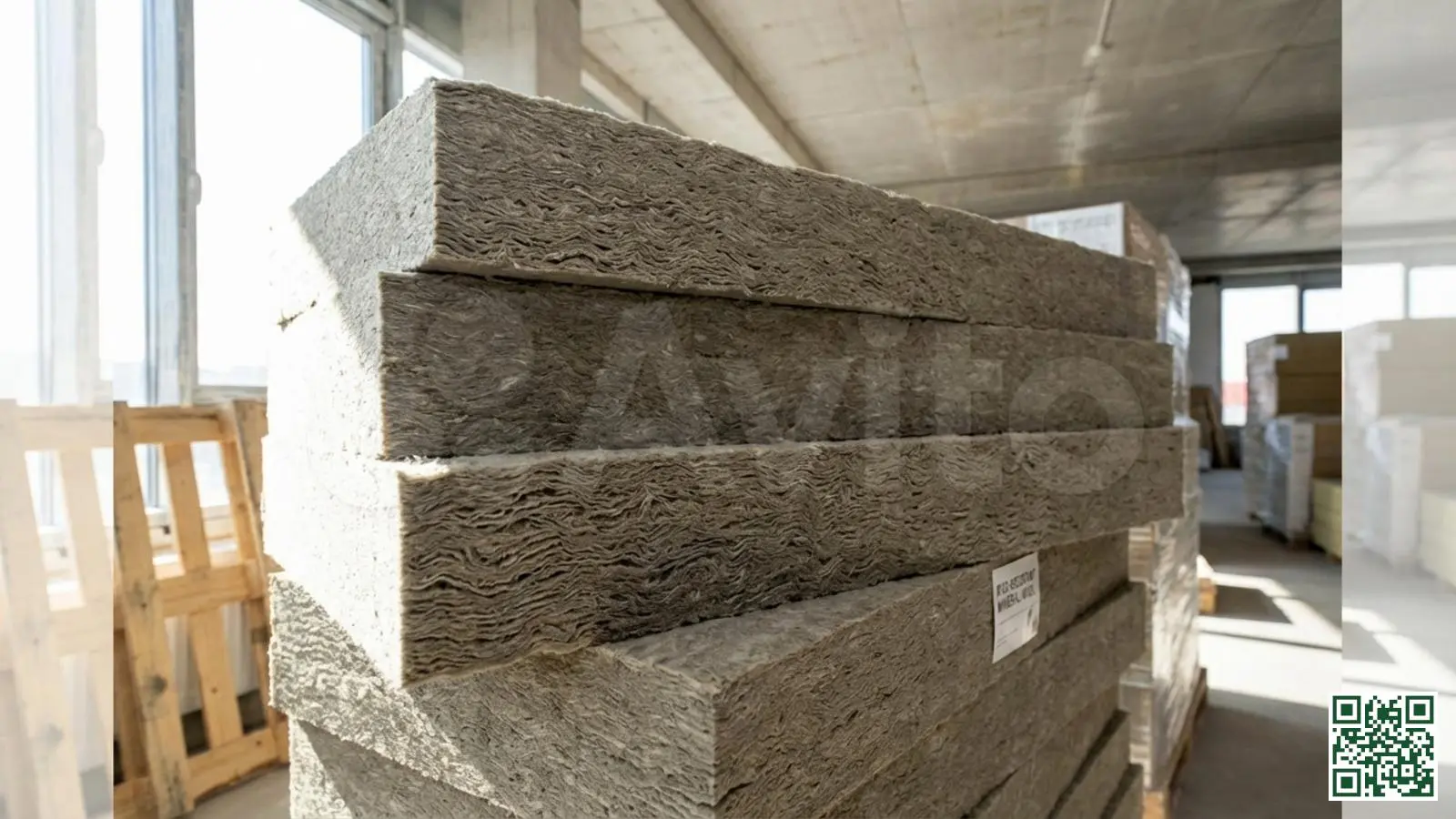 Gestapelde steenwol isolatieplaten tonen de dichte vezelstructuur van dit brandveilige materiaal