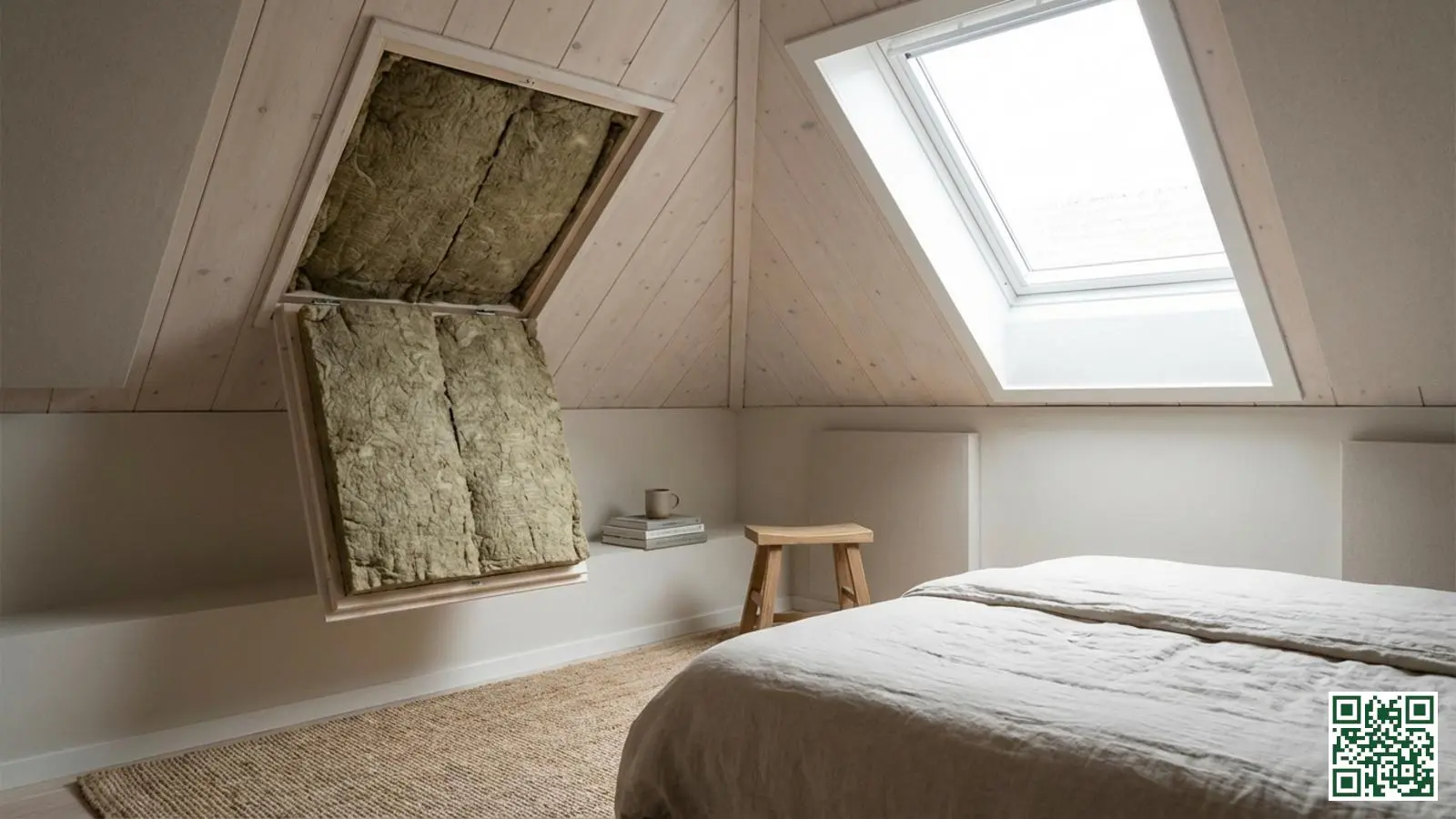 Afgewerkte zolderruimte met steenwol isolatie zichtbaar achter een inspectieluik voor goede geluidsisolatie