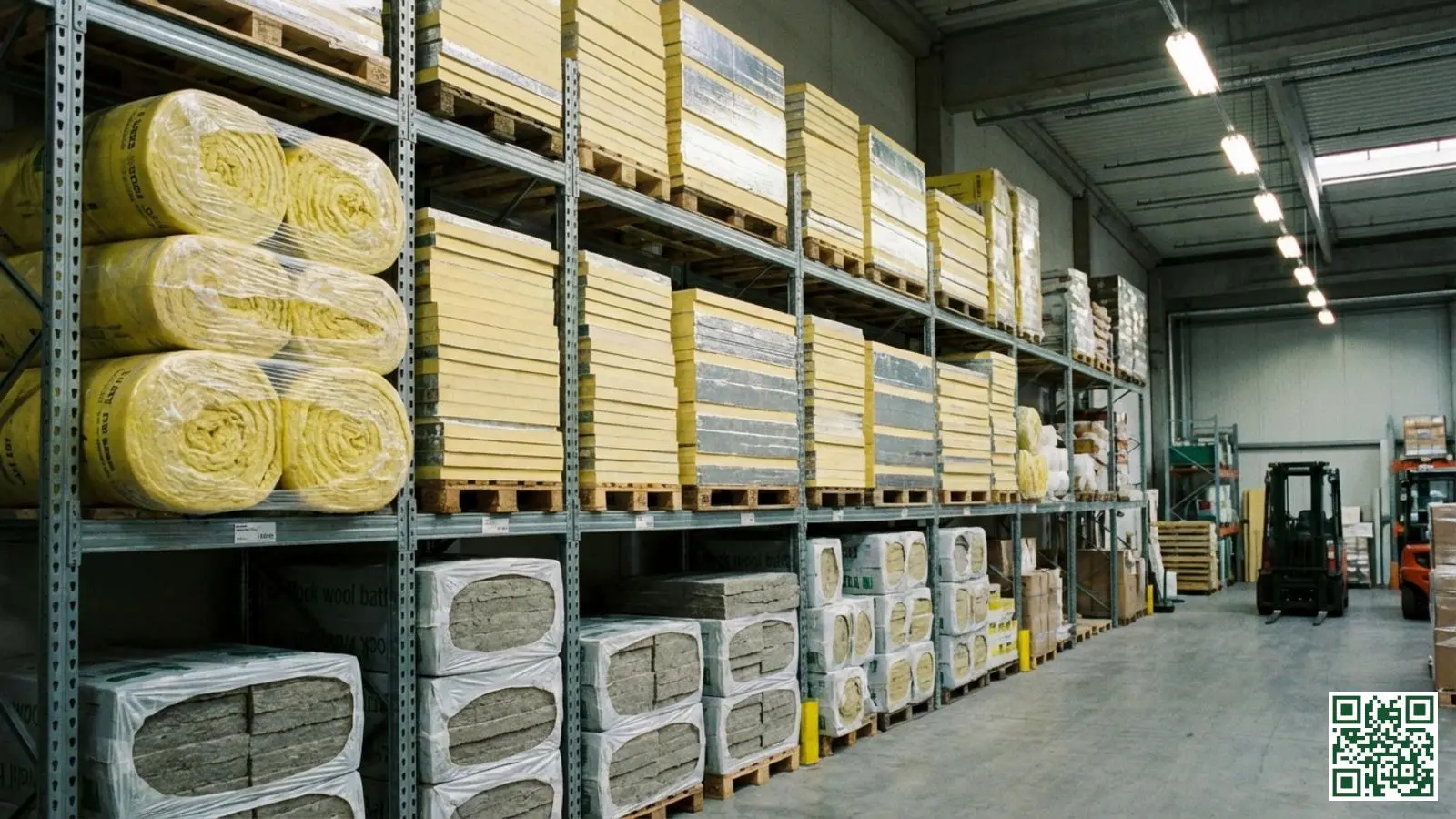 Magazijnstelling met synthetische isolatiematerialen zoals PIR platen glaswol rollen en steenwol