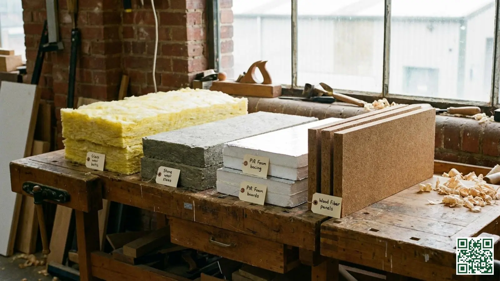 Verschillende dakisolatiematerialen naast elkaar waaronder glaswol steenwol PIR en houtvezel voor vergelijking