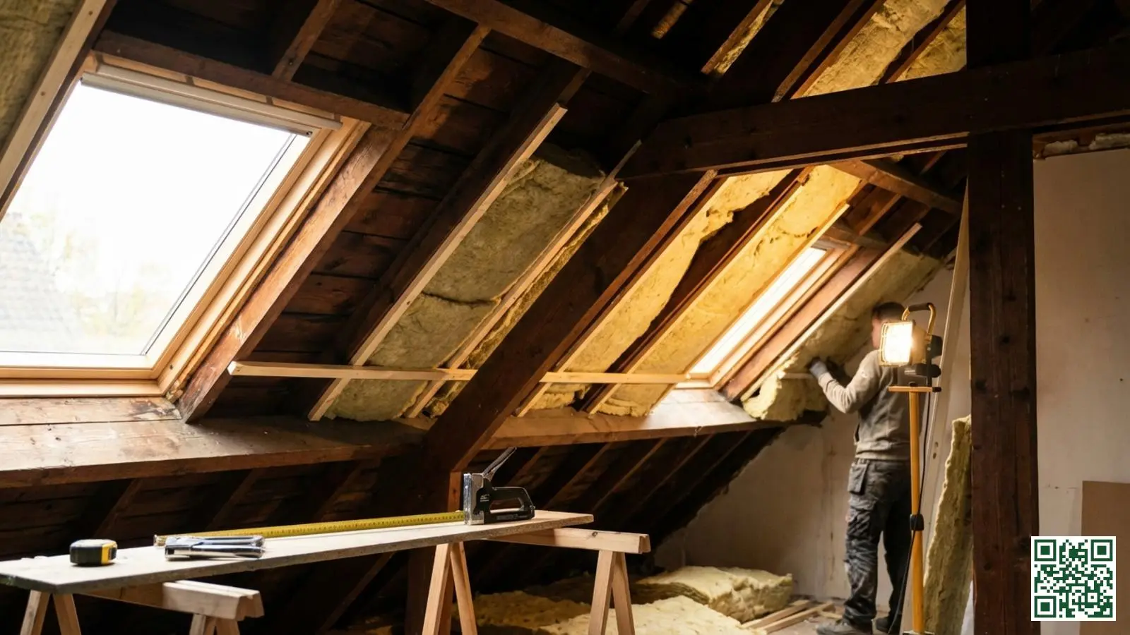 Binnenzijde van een schuin dak met isolatiemateriaal tussen de houten balken tijdens renovatiewerkzaamheden