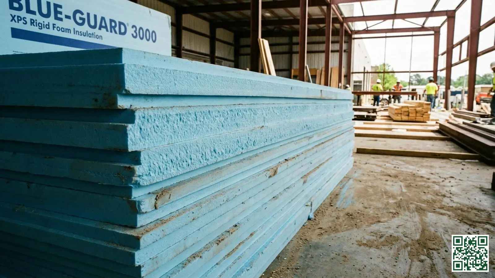 Gestapelde blauwe XPS isolatieplaten met zichtbare gesloten celstructuur op een bouwplaats