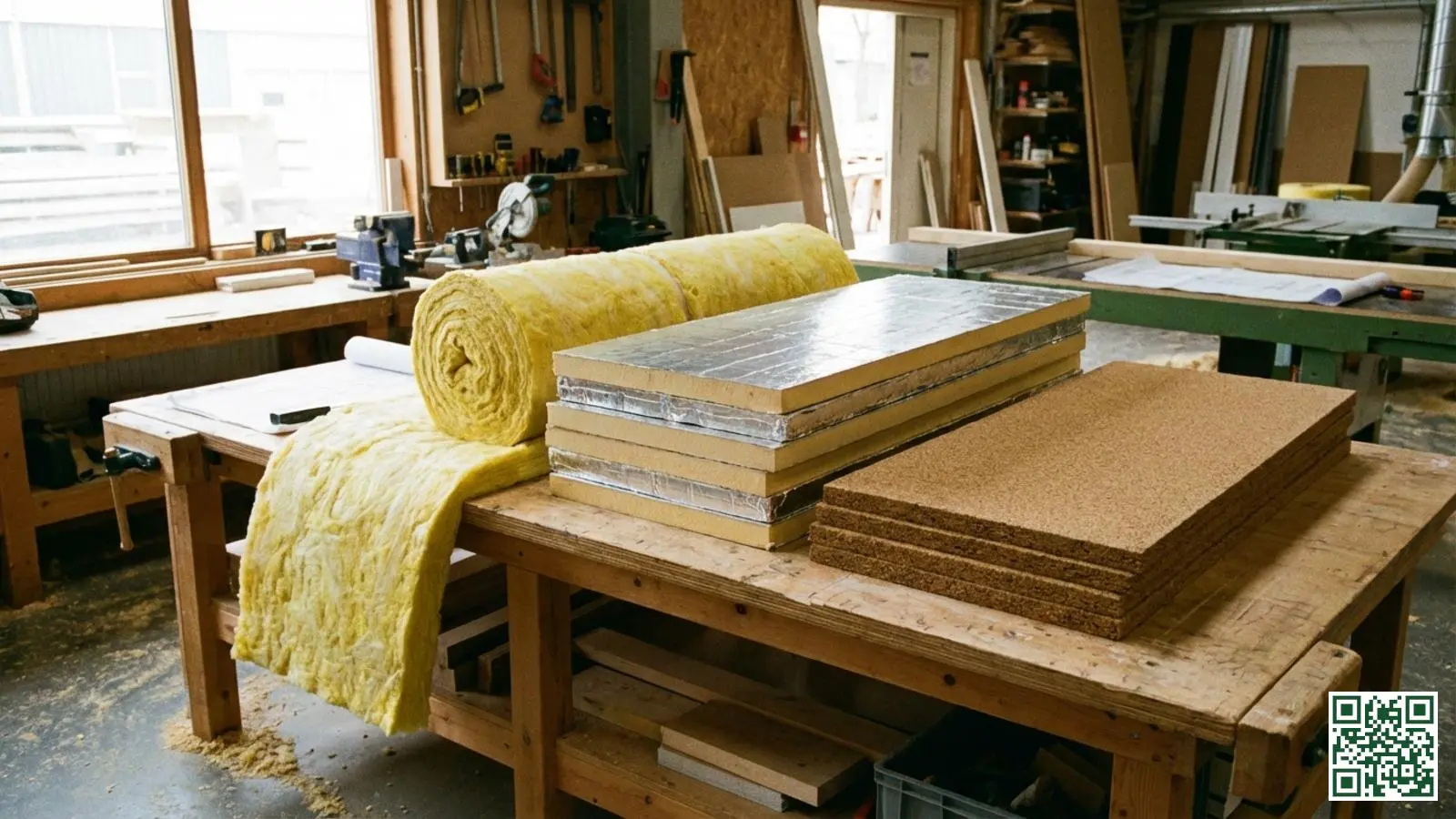 Verschillende dakisolatie materialen zoals glaswol rollen en PIR platen uitgestald op een werkbank