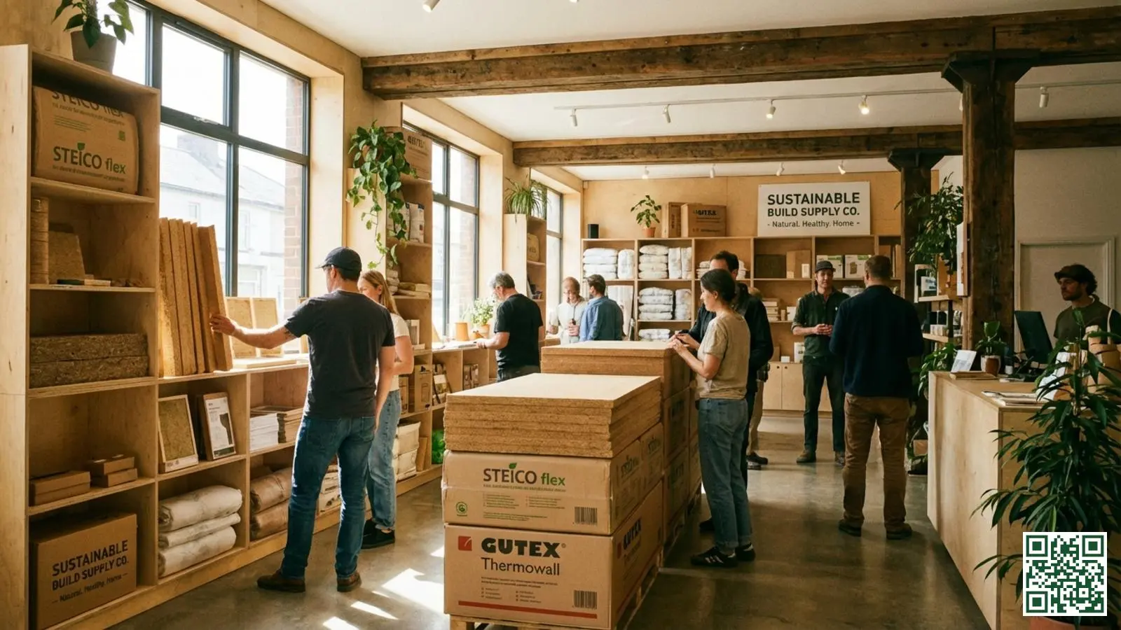 Interieur van een ecologische bouwmaterialenwinkel met houtvezel isolatieproducten op de schappen