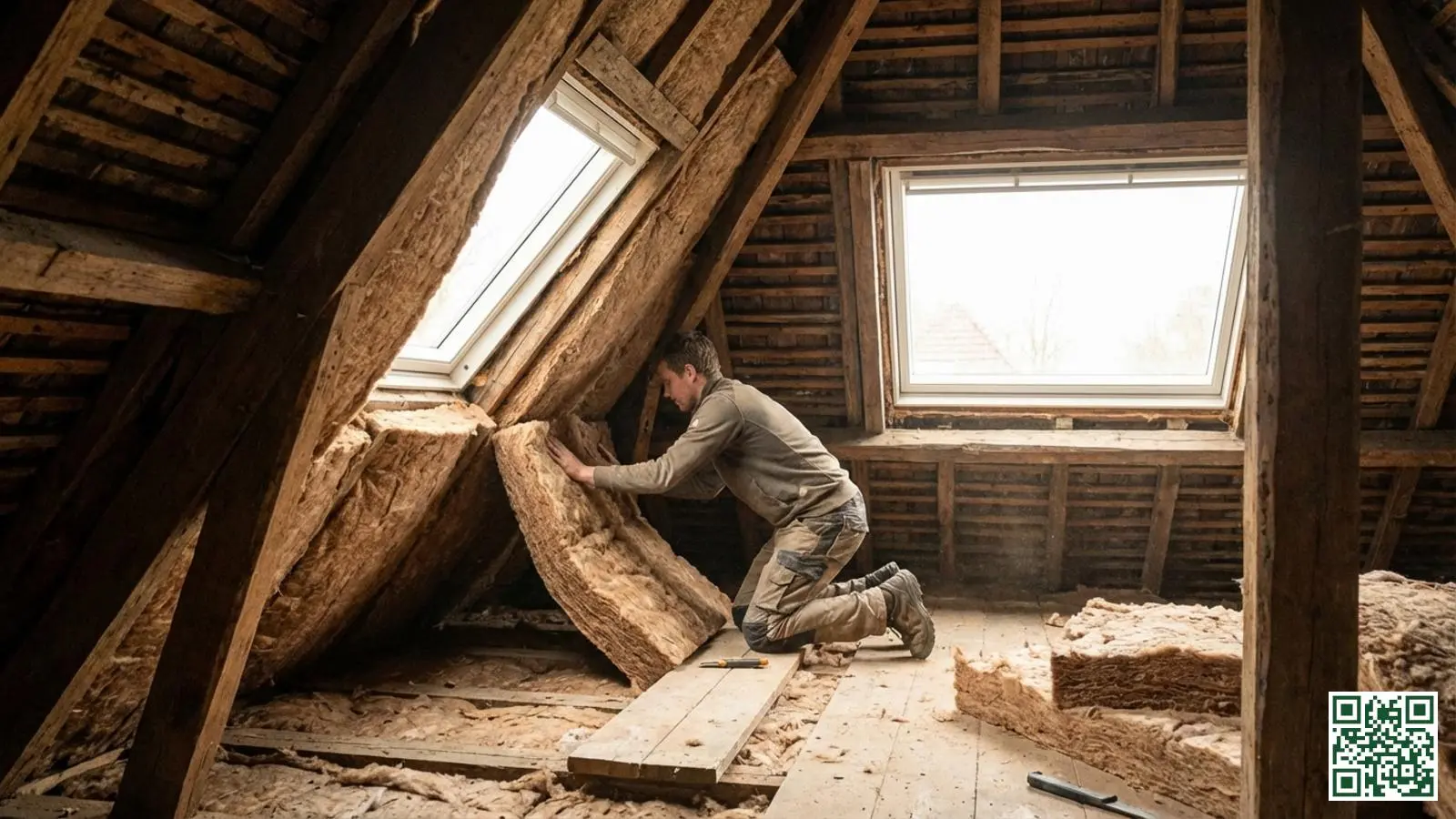 Houtvezel isolatie wordt geplaatst tussen houten dakbalken in een Nederlandse zolderruimte
