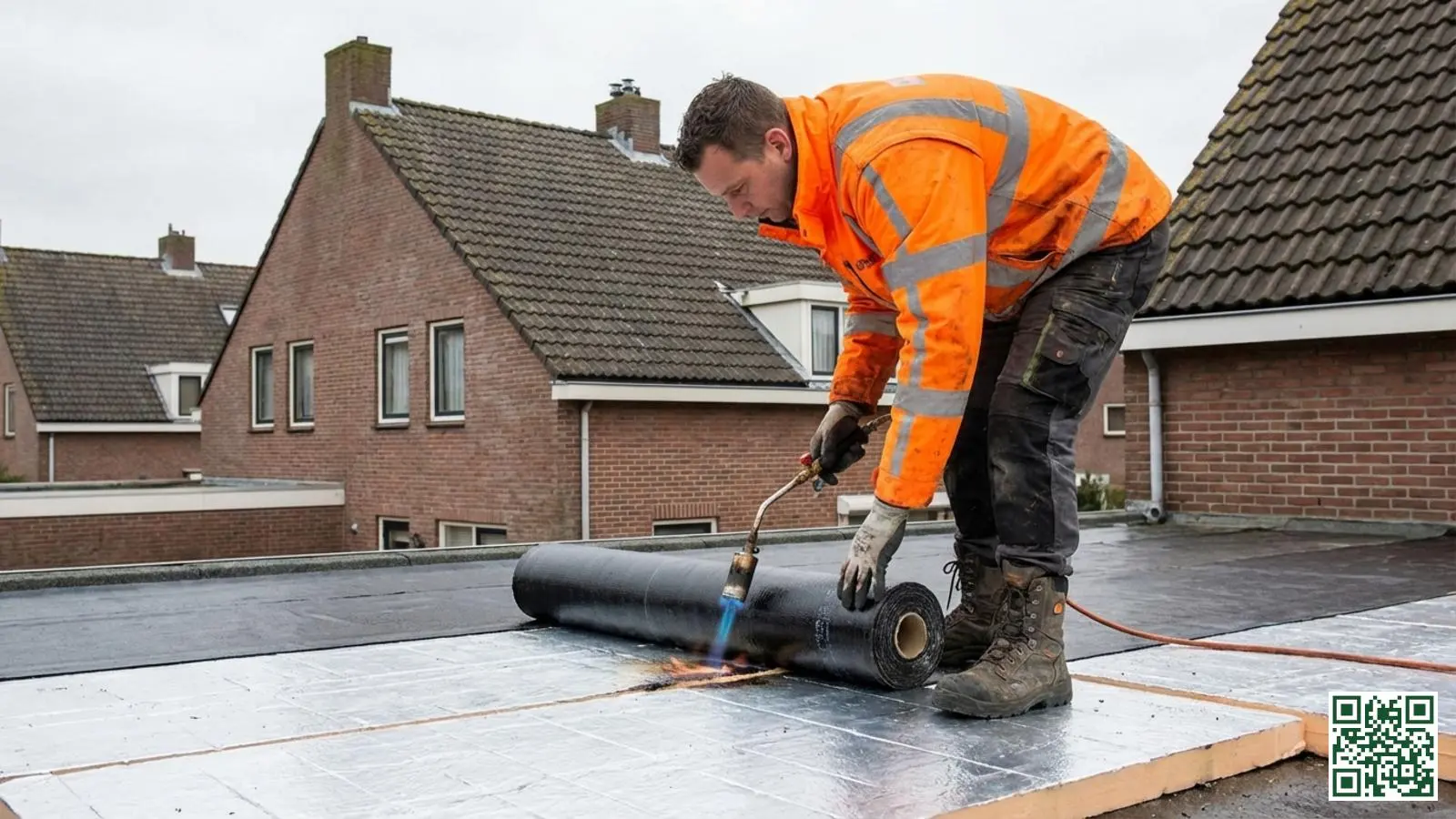 Professionele dakdekker brandt bitumen dakbedekking op PIR isolatie van een plat dak met gasbrander