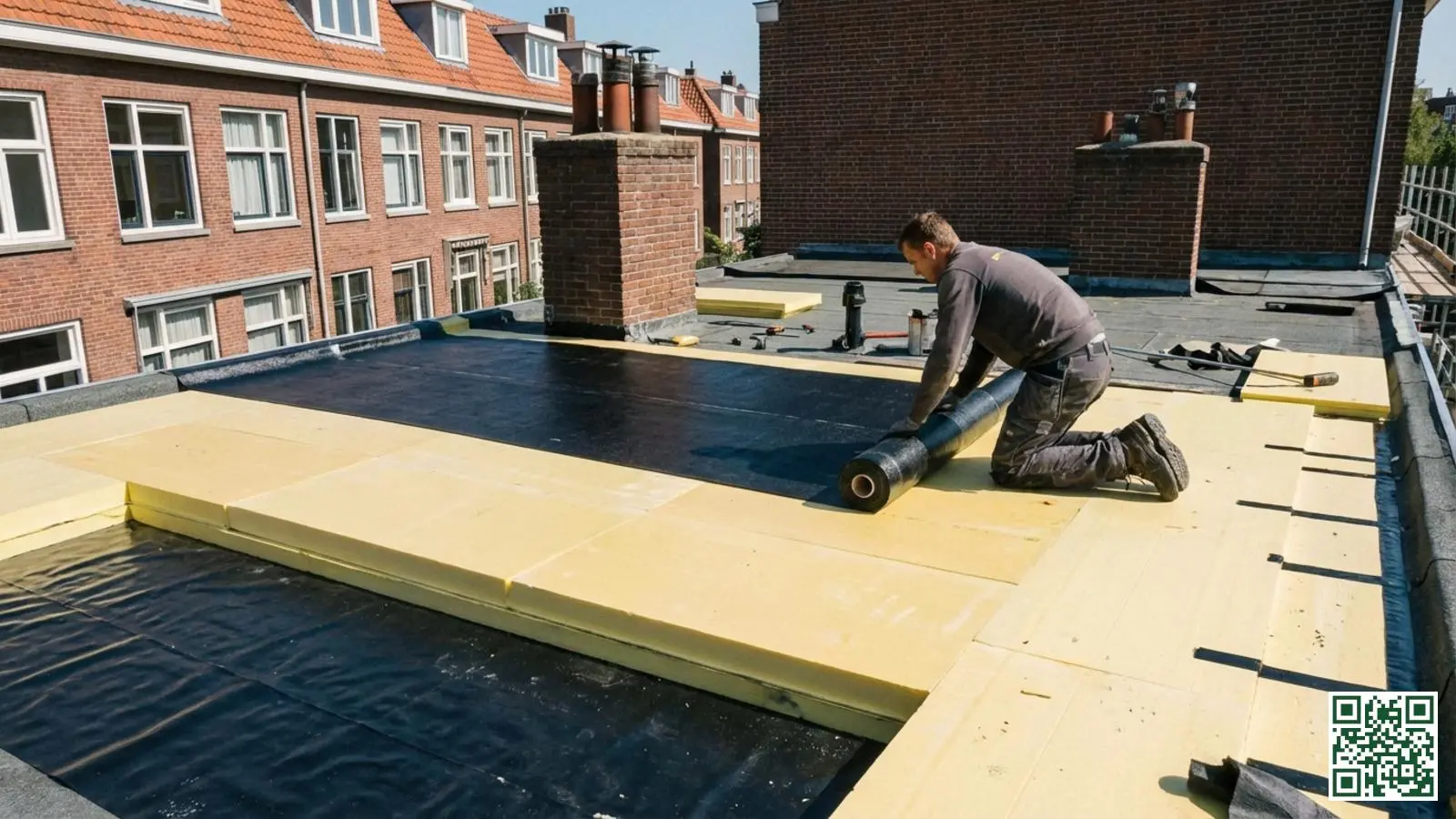 Plat dak constructie met gele PIR isolatieplaten en werknemer die bitumen dakbedekking uitrolt