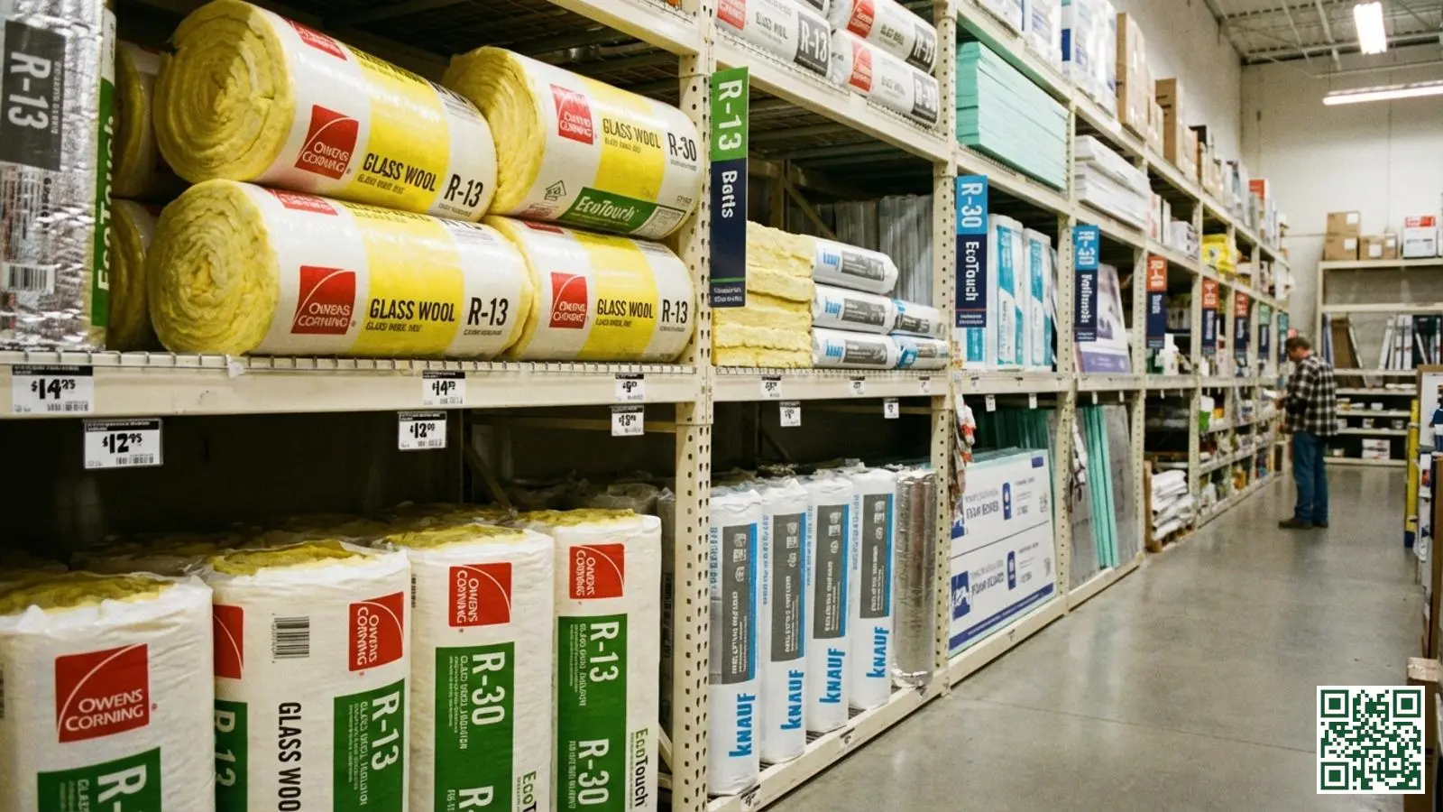 Bouwmarkt gangpad met diverse isolatiematerialen waaronder glaswol rollen op de schappen