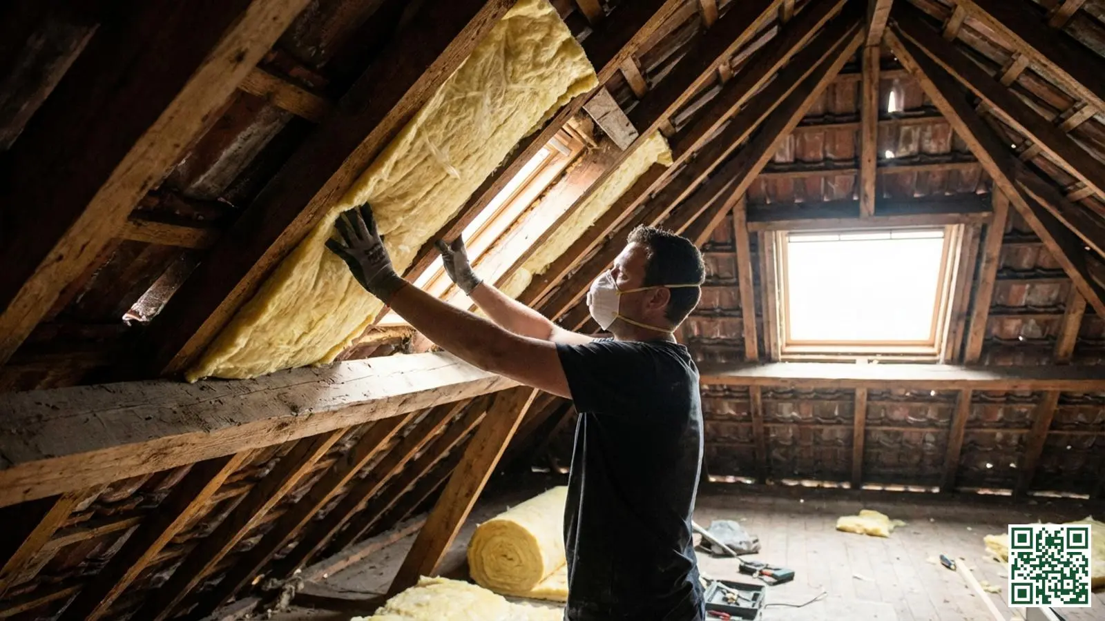 Gele glaswol isolatie wordt geklemd tussen houten dakbalken in een Nederlandse zolderruimte