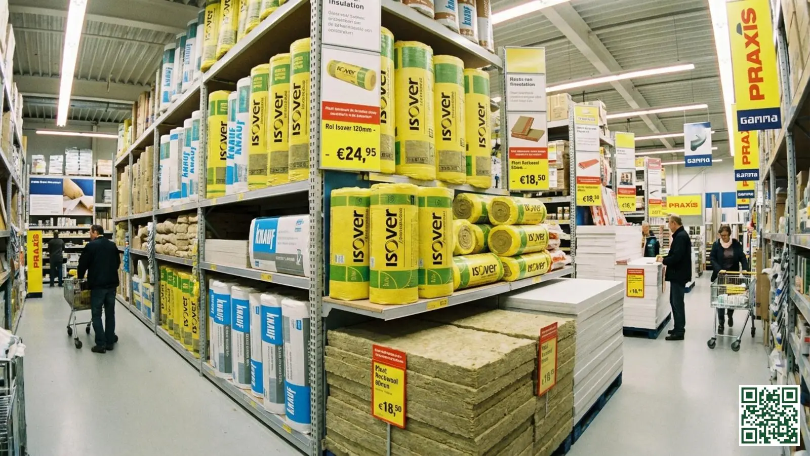 Gangpad in Nederlandse bouwmarkt met diverse isolatiematerialen netjes georganiseerd op schappen