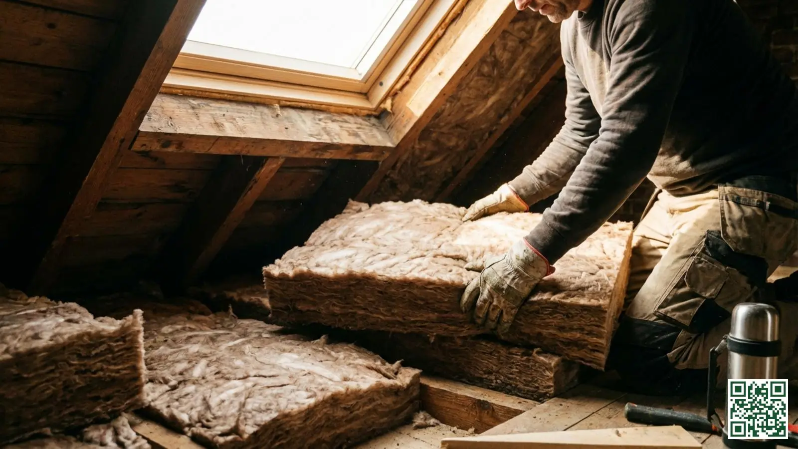 Bruine glaswol met ECOSE Technology wordt geplaatst tussen houten dakbalken op Nederlandse zolder