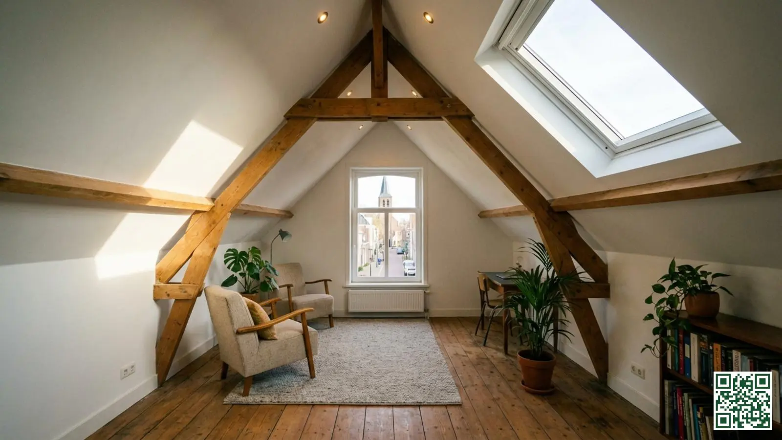 Afgewerkte zolderruimte met witte wanden en plafond na professionele PIR dakisolatie installatie