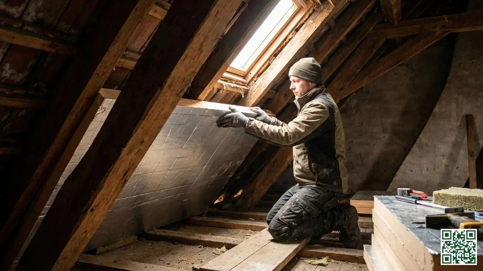 Vakman plaatst stijve PIR isolatieplaten tussen de houten dakbalken van een zolderruimte