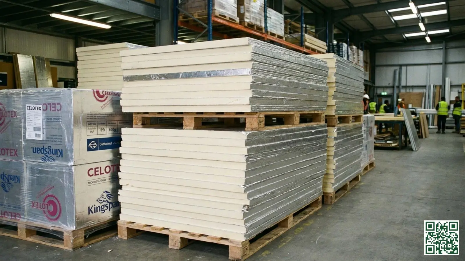 Gestapelde PIR isolatieplaten met zilverkleurige aluminium coating in een bouwmaterialen magazijn