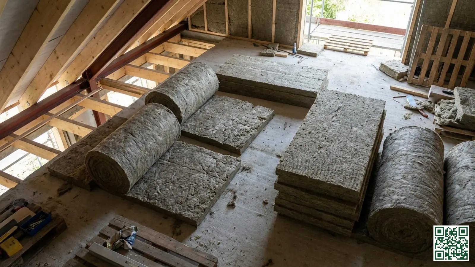 Rockwool steenwol isolatierollen en platen klaargelegd voor dakisolatie op een bouwplaats