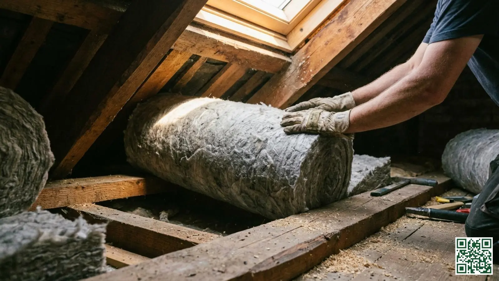 Steenwol isolatierol wordt geplaatst tussen houten dakbalken in een Nederlandse zolderruimte