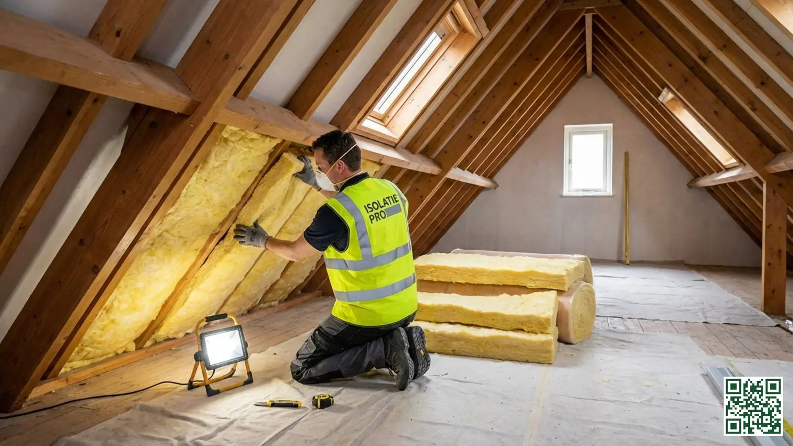 Gecertificeerde isolatiemonteur plaatst professioneel dakisolatie materiaal tussen de dakbalken
