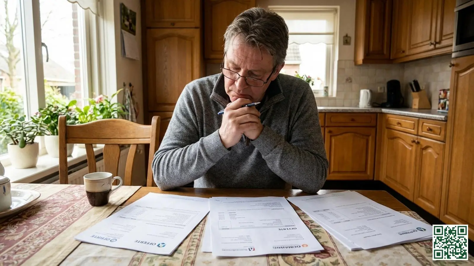Nederlandse huiseigenaar vergelijkt meerdere dakisolatie offertes aan de keukentafel met pen in hand